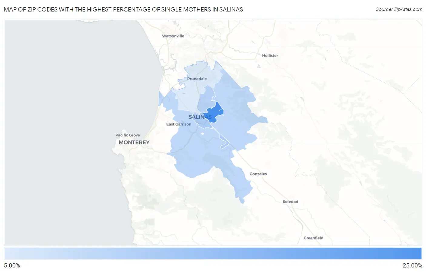 Zip Codes with the Highest Percentage of Single Mothers in Salinas Map