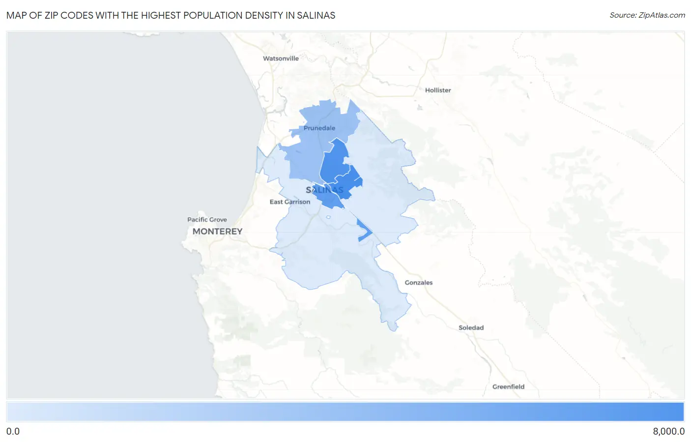 Zip Codes with the Highest Population Density in Salinas Map