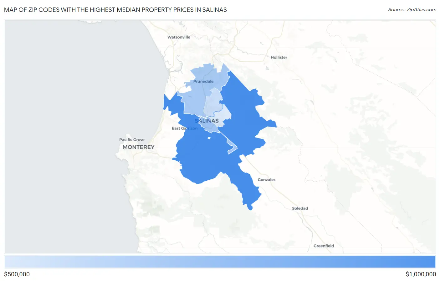 Zip Codes with the Highest Median Property Prices in Salinas Map