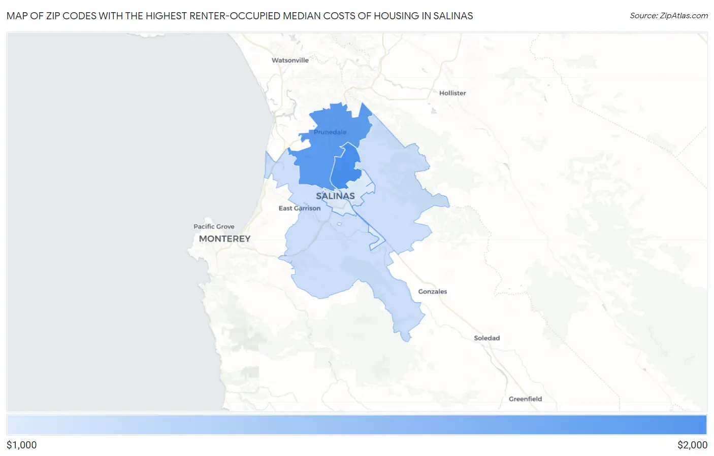 Zip Codes with the Highest Renter-Occupied Median Costs of Housing in Salinas Map