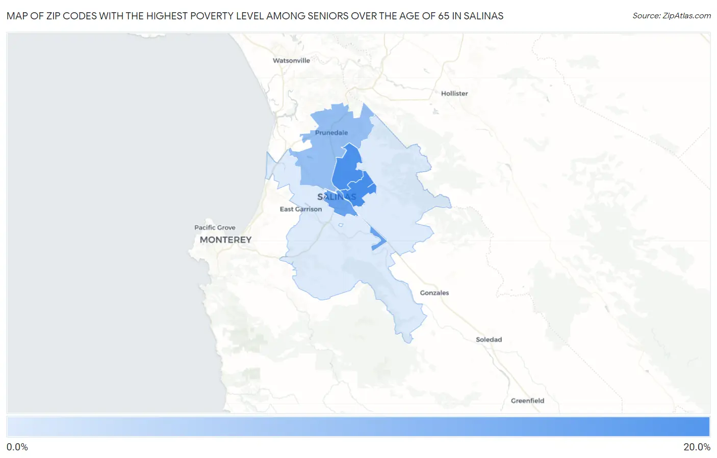Zip Codes with the Highest Poverty Level Among Seniors Over the Age of 65 in Salinas Map