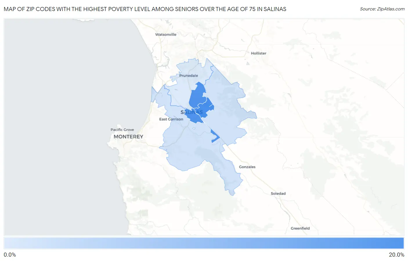 Zip Codes with the Highest Poverty Level Among Seniors Over the Age of 75 in Salinas Map