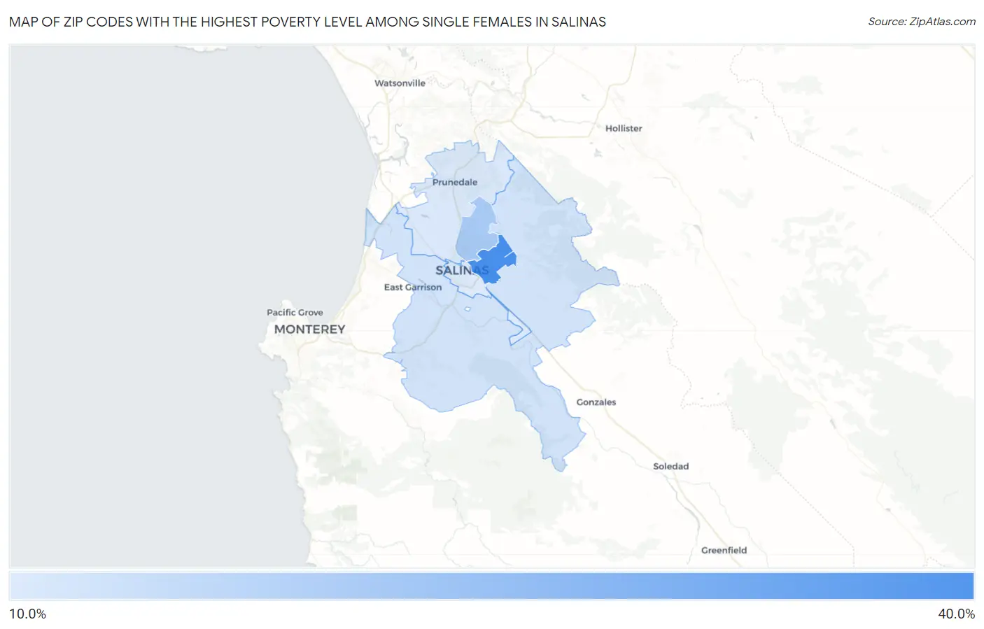 Zip Codes with the Highest Poverty Level Among Single Females in Salinas Map