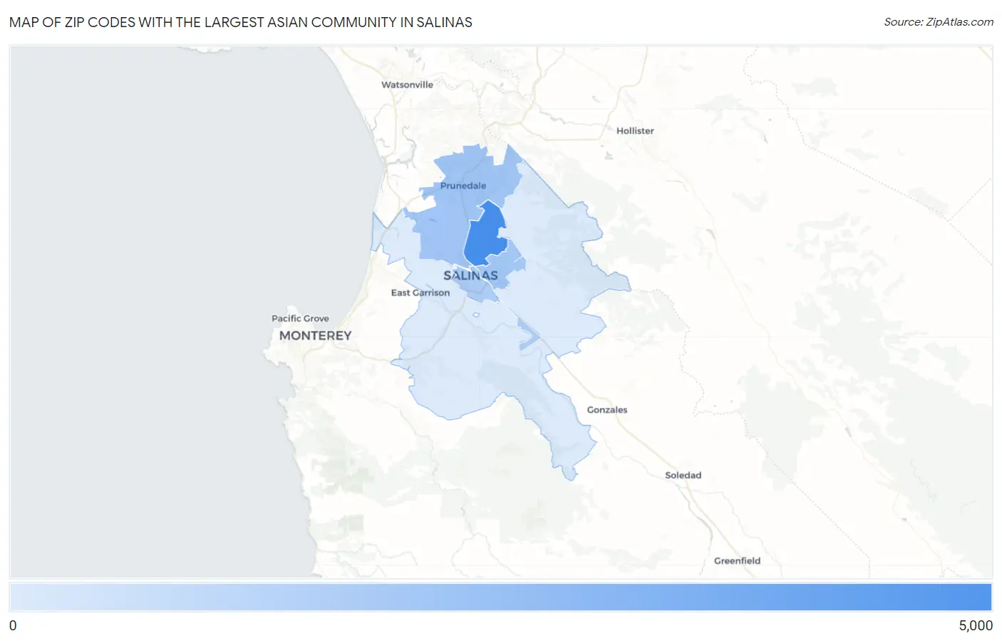 Zip Codes with the Largest Asian Community in Salinas Map