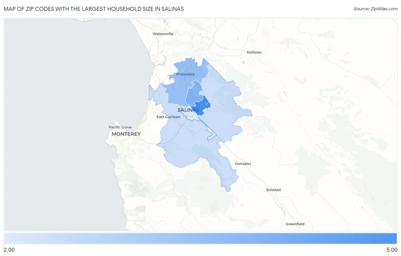 Zip Codes with the Largest Household Size in Salinas Map