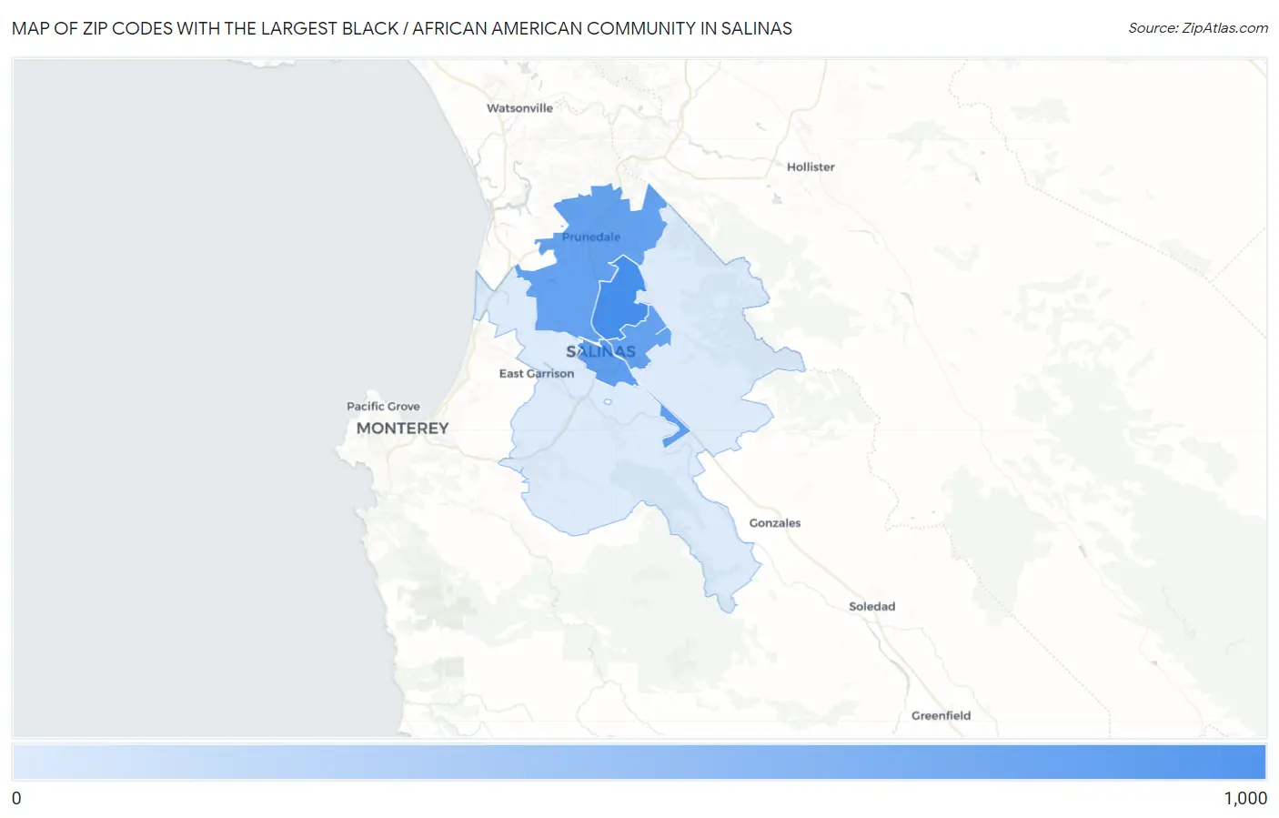 Zip Codes with the Largest Black / African American Community in Salinas Map