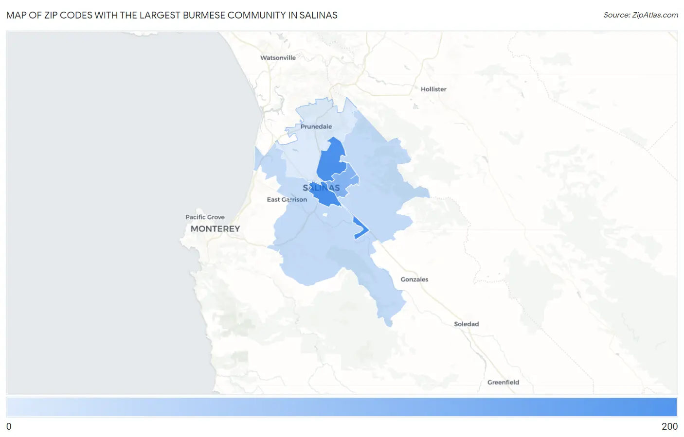Zip Codes with the Largest Burmese Community in Salinas Map
