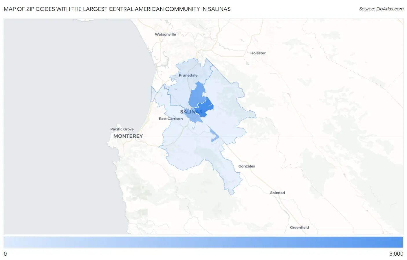 Zip Codes with the Largest Central American Community in Salinas Map