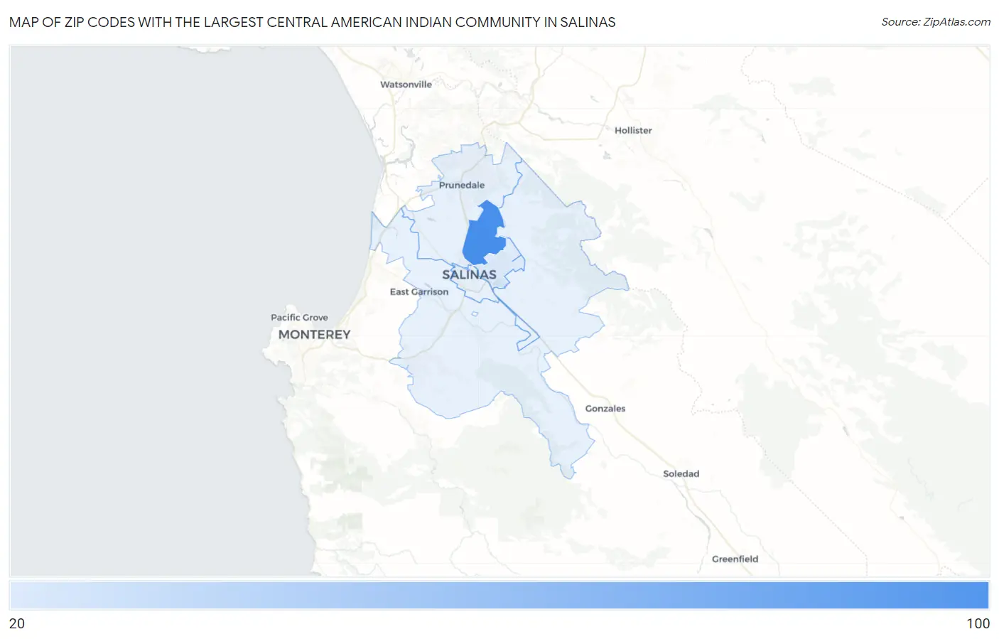 Zip Codes with the Largest Central American Indian Community in Salinas Map