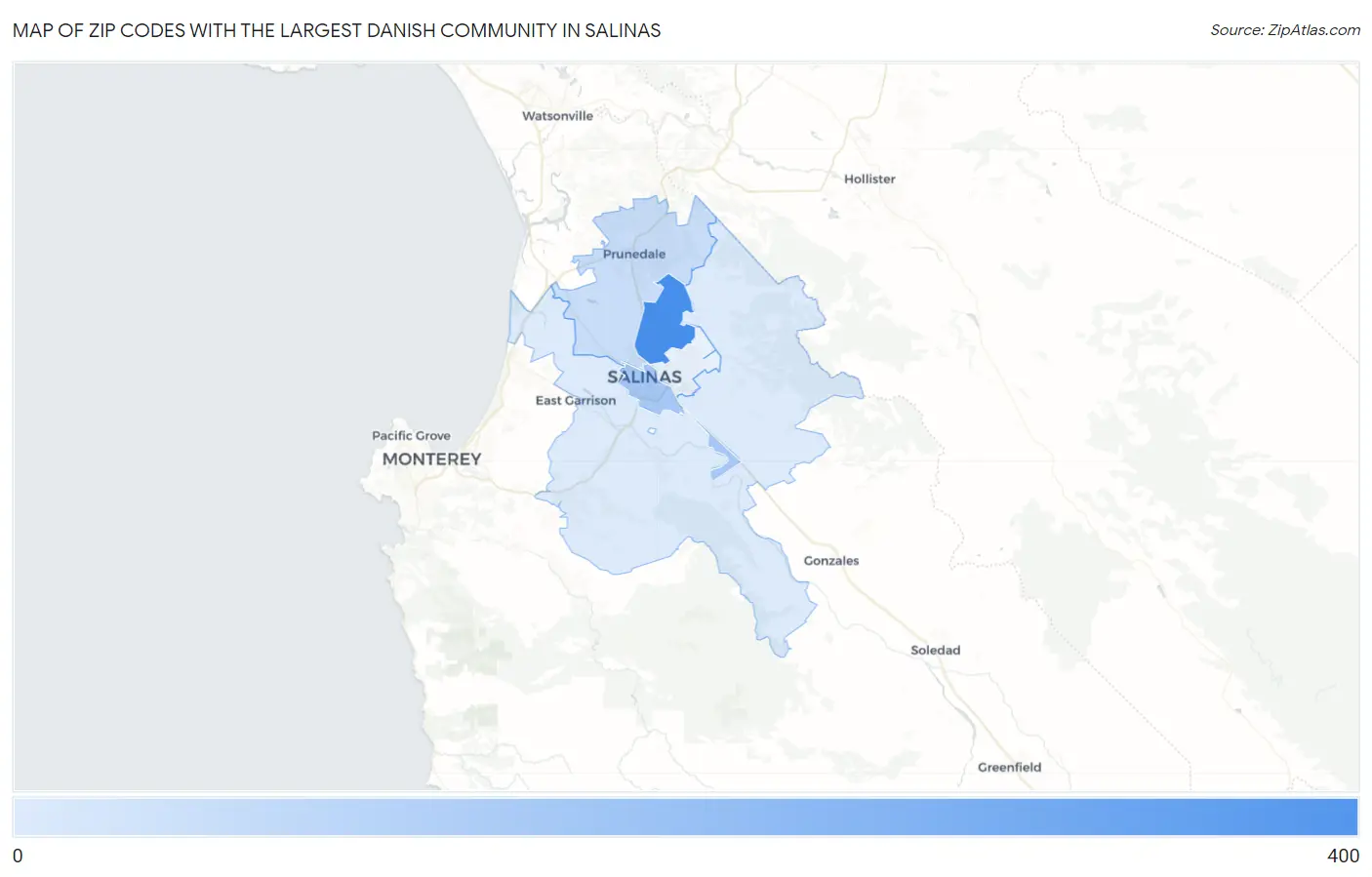 Zip Codes with the Largest Danish Community in Salinas Map