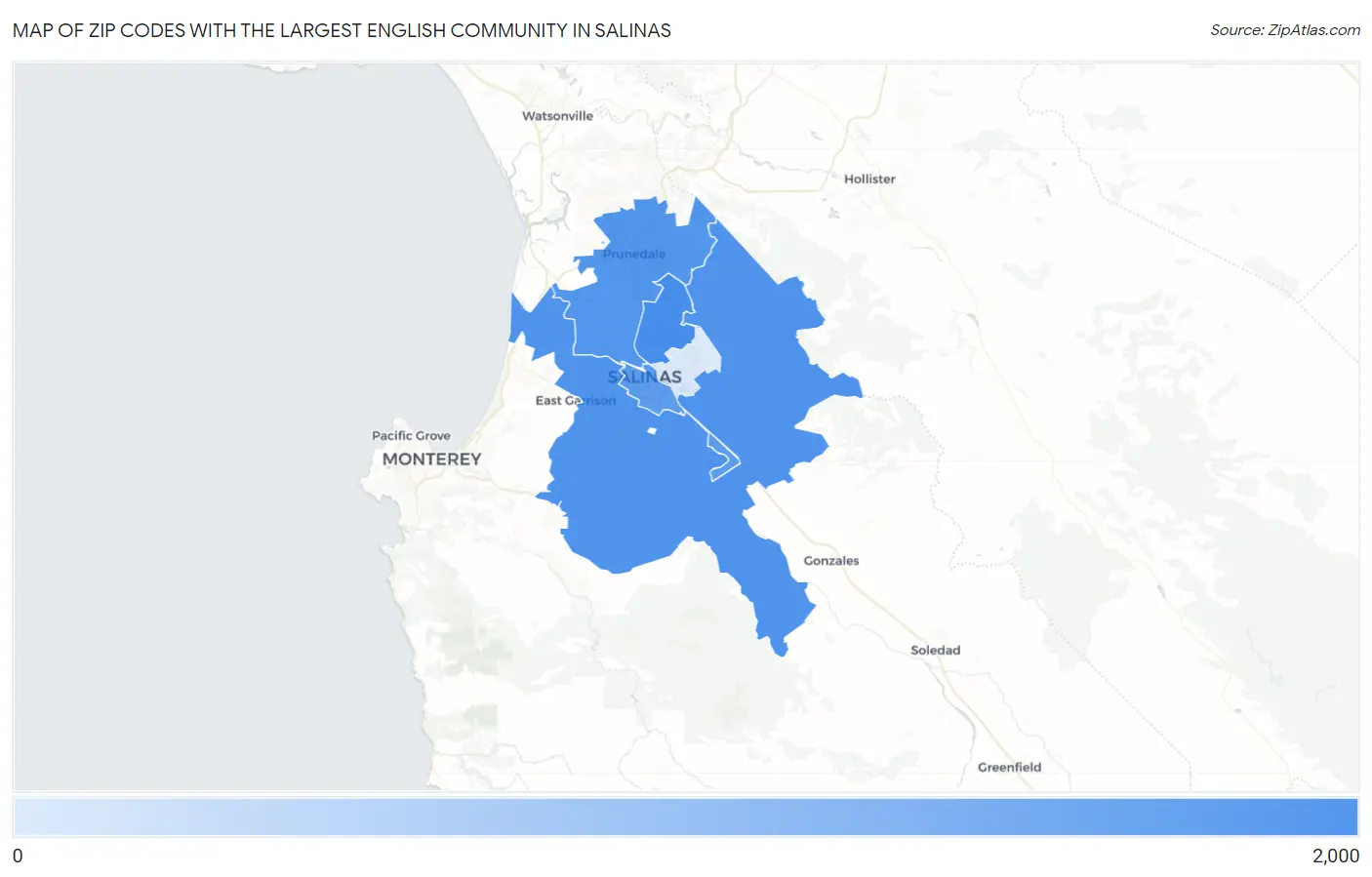 Zip Codes with the Largest English Community in Salinas Map