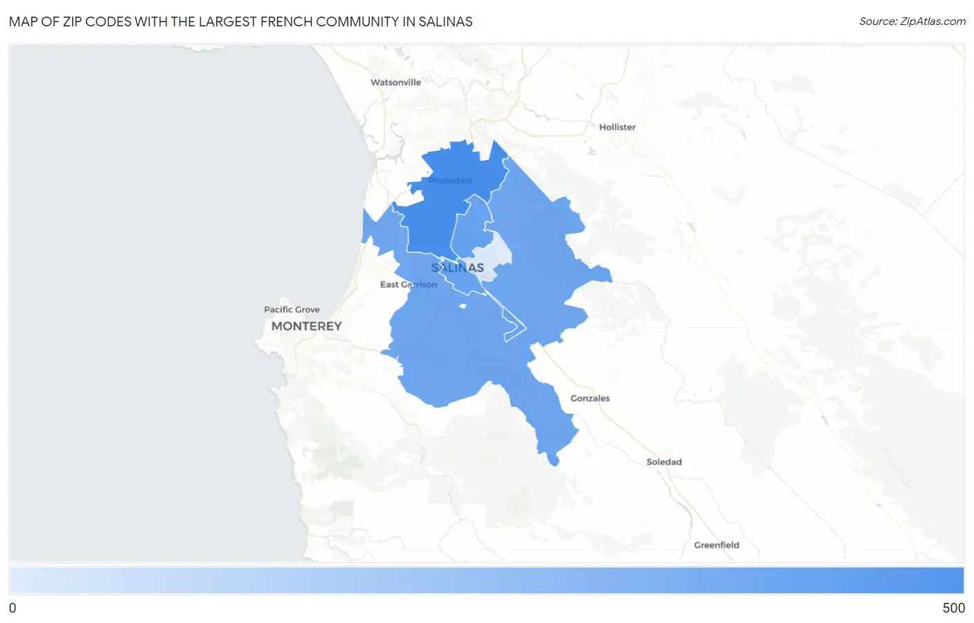 Zip Codes with the Largest French Community in Salinas Map
