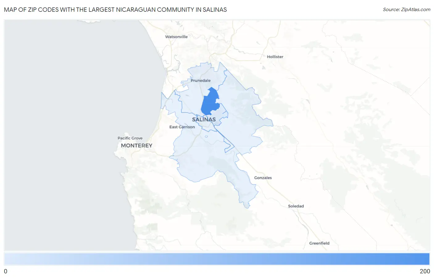 Zip Codes with the Largest Nicaraguan Community in Salinas Map