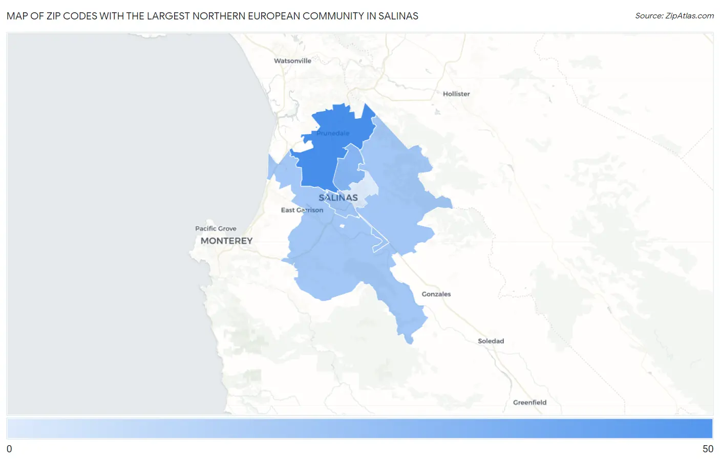 Zip Codes with the Largest Northern European Community in Salinas Map