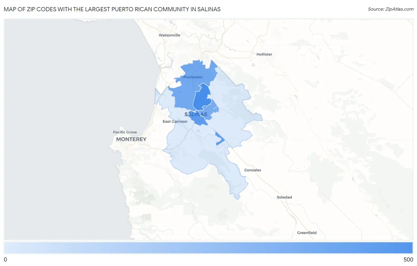Zip Codes with the Largest Puerto Rican Community in Salinas Map