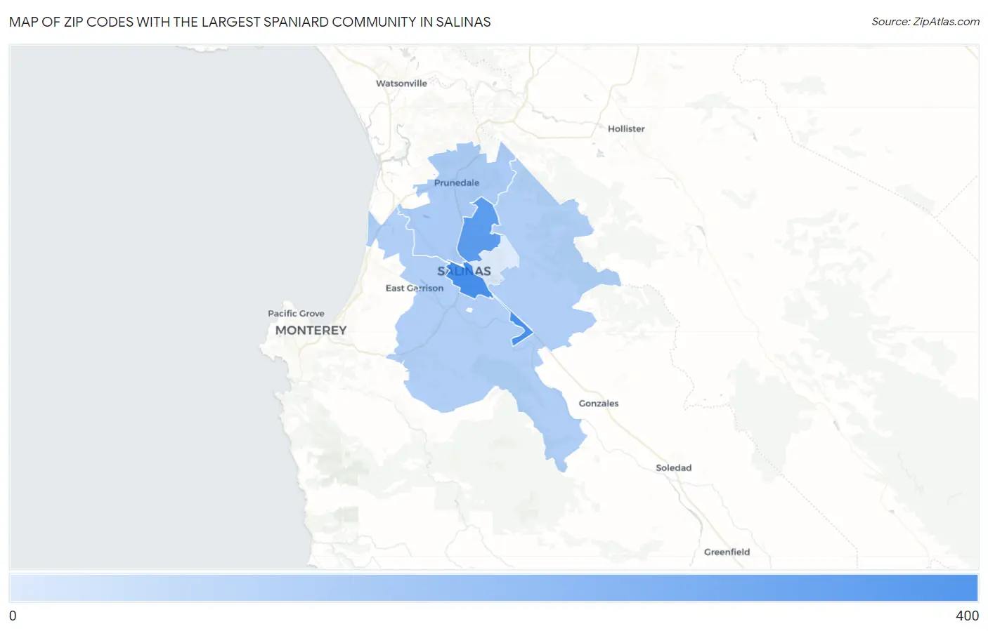 Zip Codes with the Largest Spaniard Community in Salinas Map