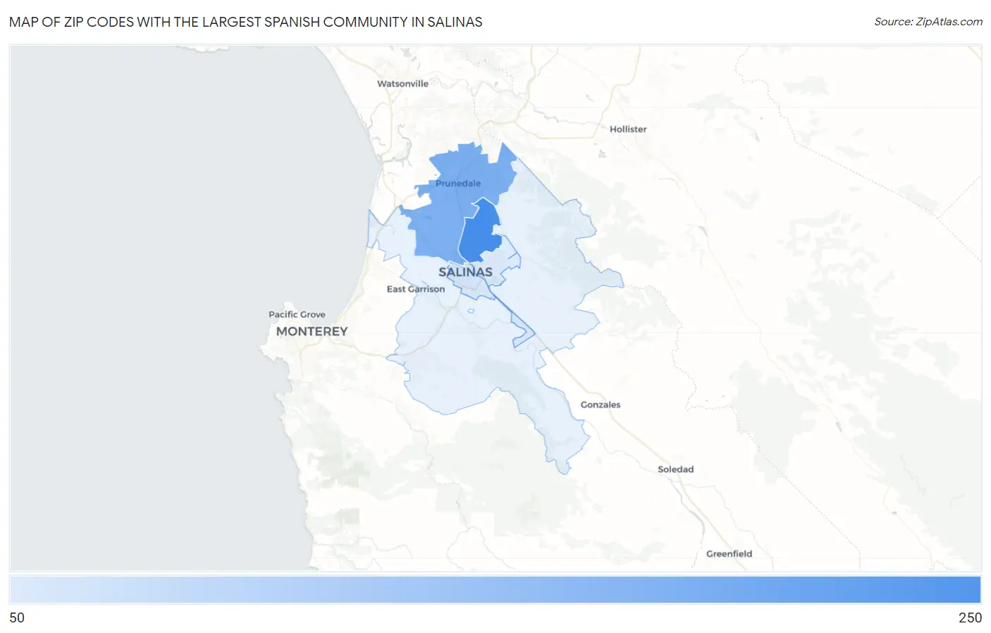Zip Codes with the Largest Spanish Community in Salinas Map