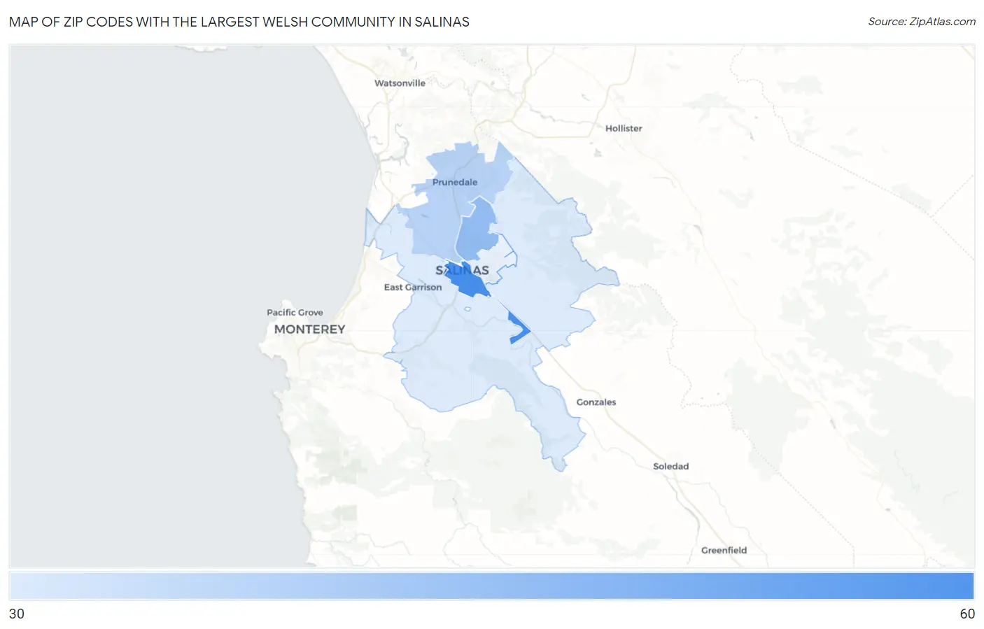 Zip Codes with the Largest Welsh Community in Salinas Map
