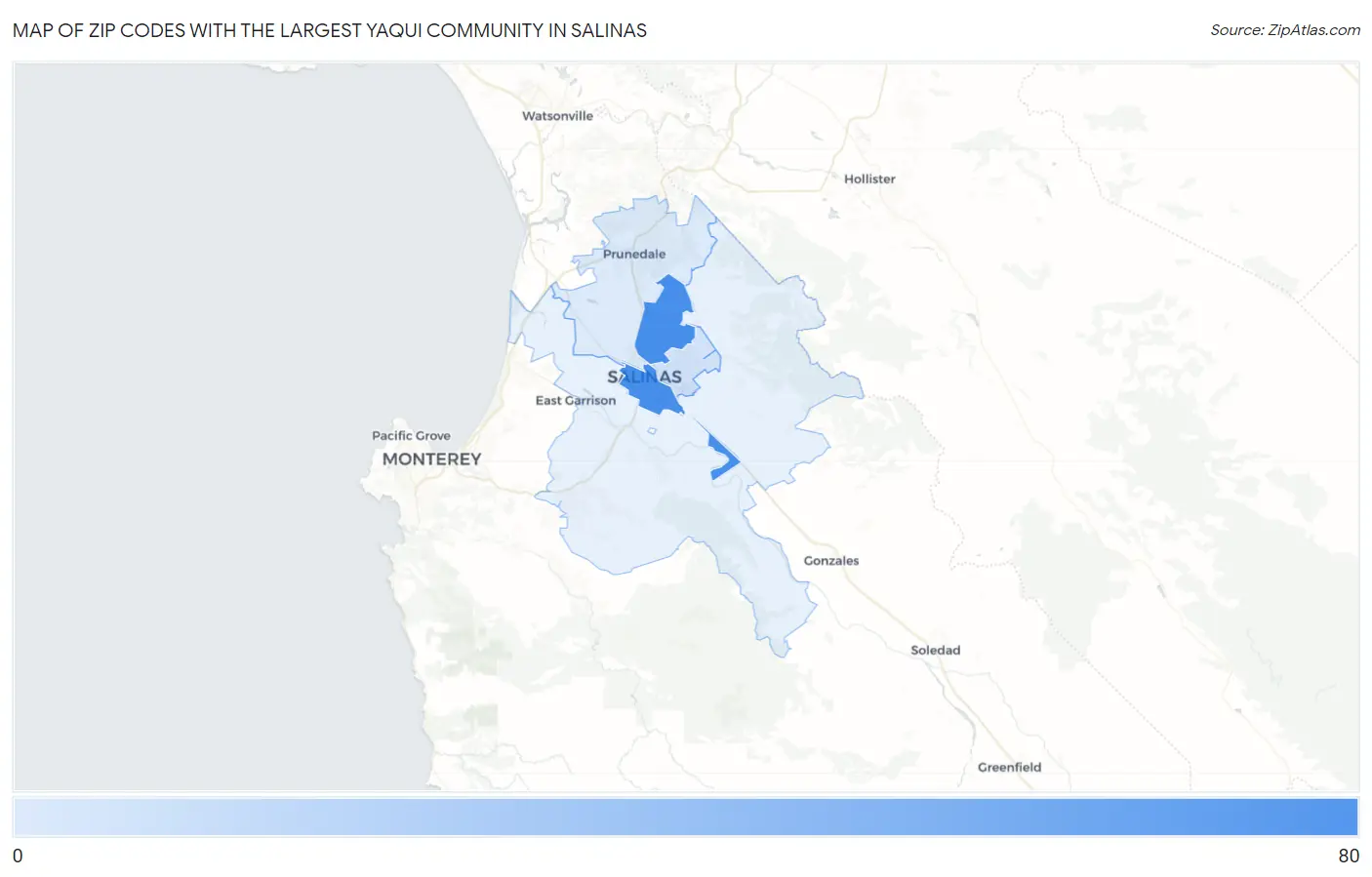 Zip Codes with the Largest Yaqui Community in Salinas Map