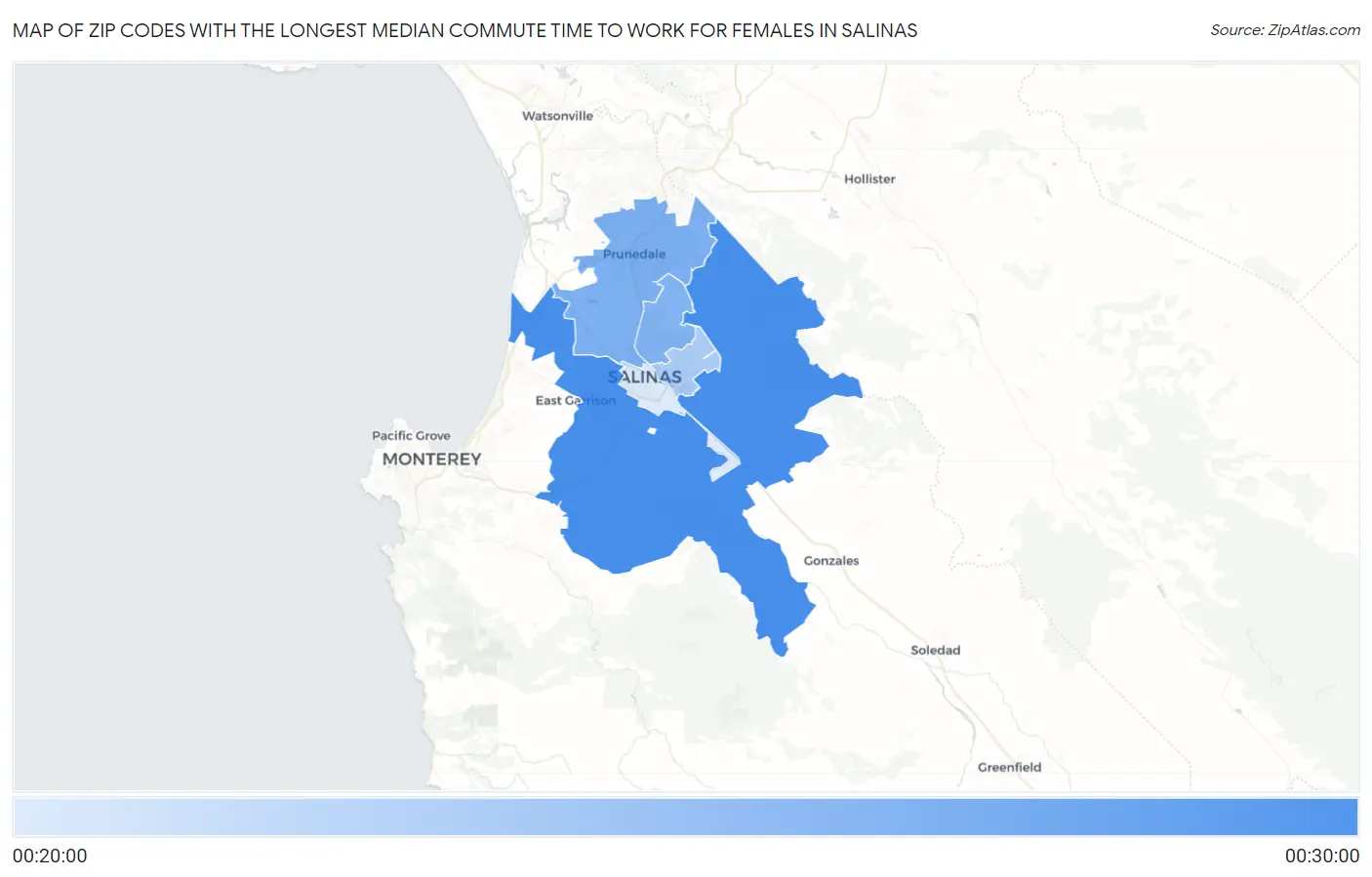 Zip Codes with the Longest Median Commute Time to Work for Females in Salinas Map