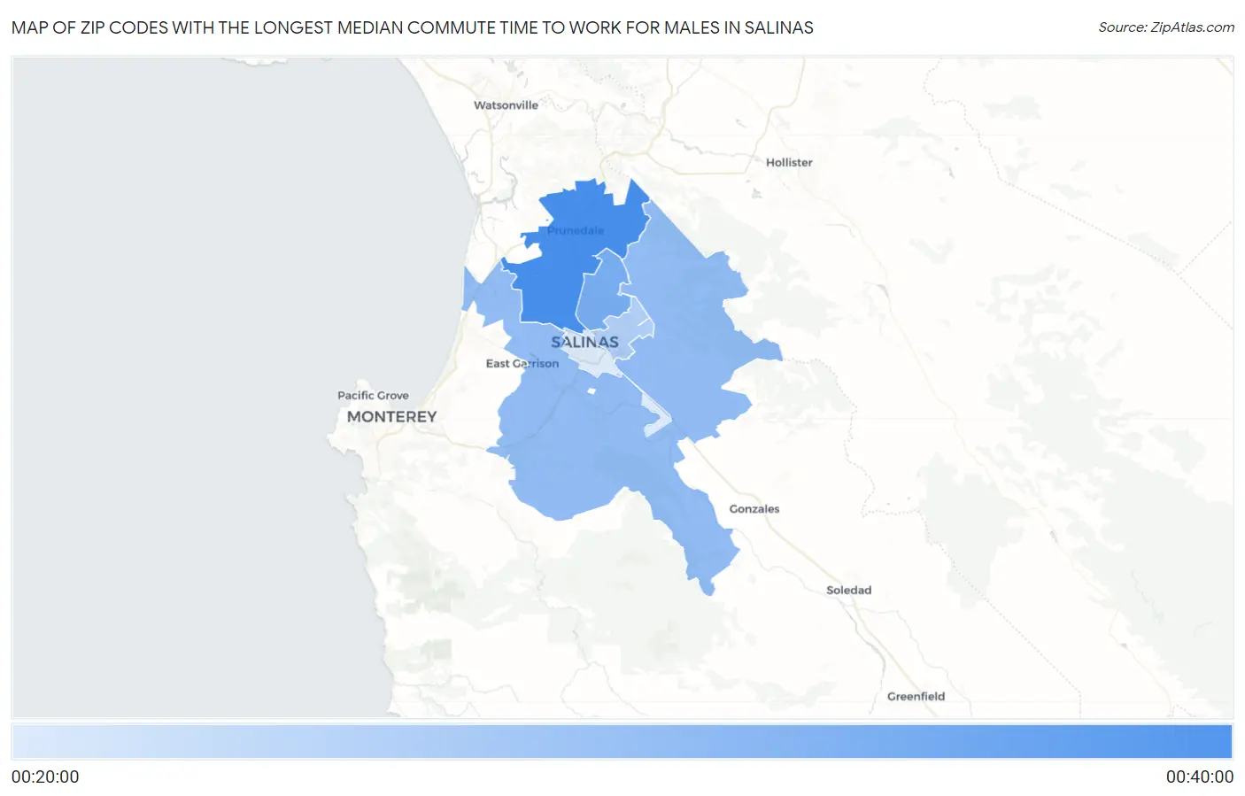Zip Codes with the Longest Median Commute Time to Work for Males in Salinas Map