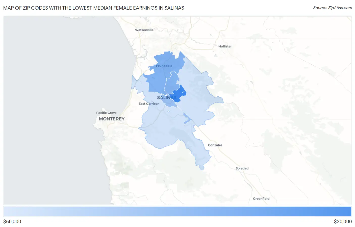 Zip Codes with the Lowest Median Female Earnings in Salinas Map