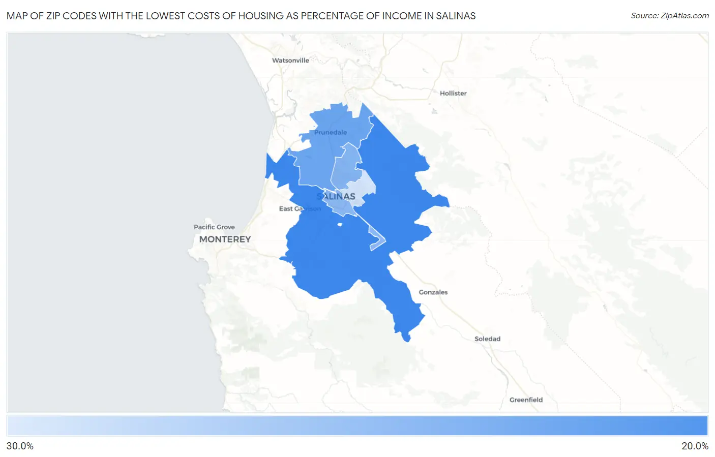 Zip Codes with the Lowest Costs of Housing as Percentage of Income in Salinas Map