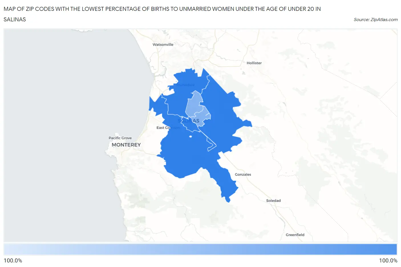 Zip Codes with the Lowest Percentage of Births to Unmarried Women under the Age of under 20 in Salinas Map