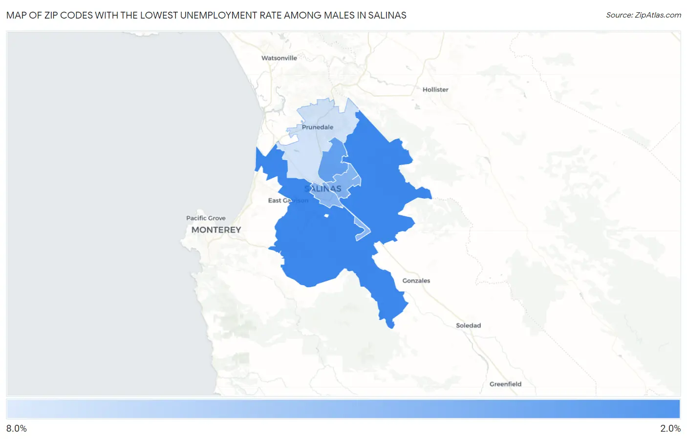 Zip Codes with the Lowest Unemployment Rate Among Males in Salinas Map