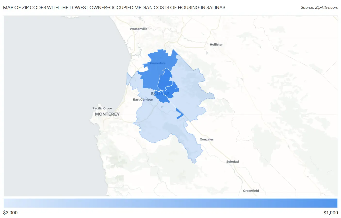 Zip Codes with the Lowest Owner-Occupied Median Costs of Housing in Salinas Map