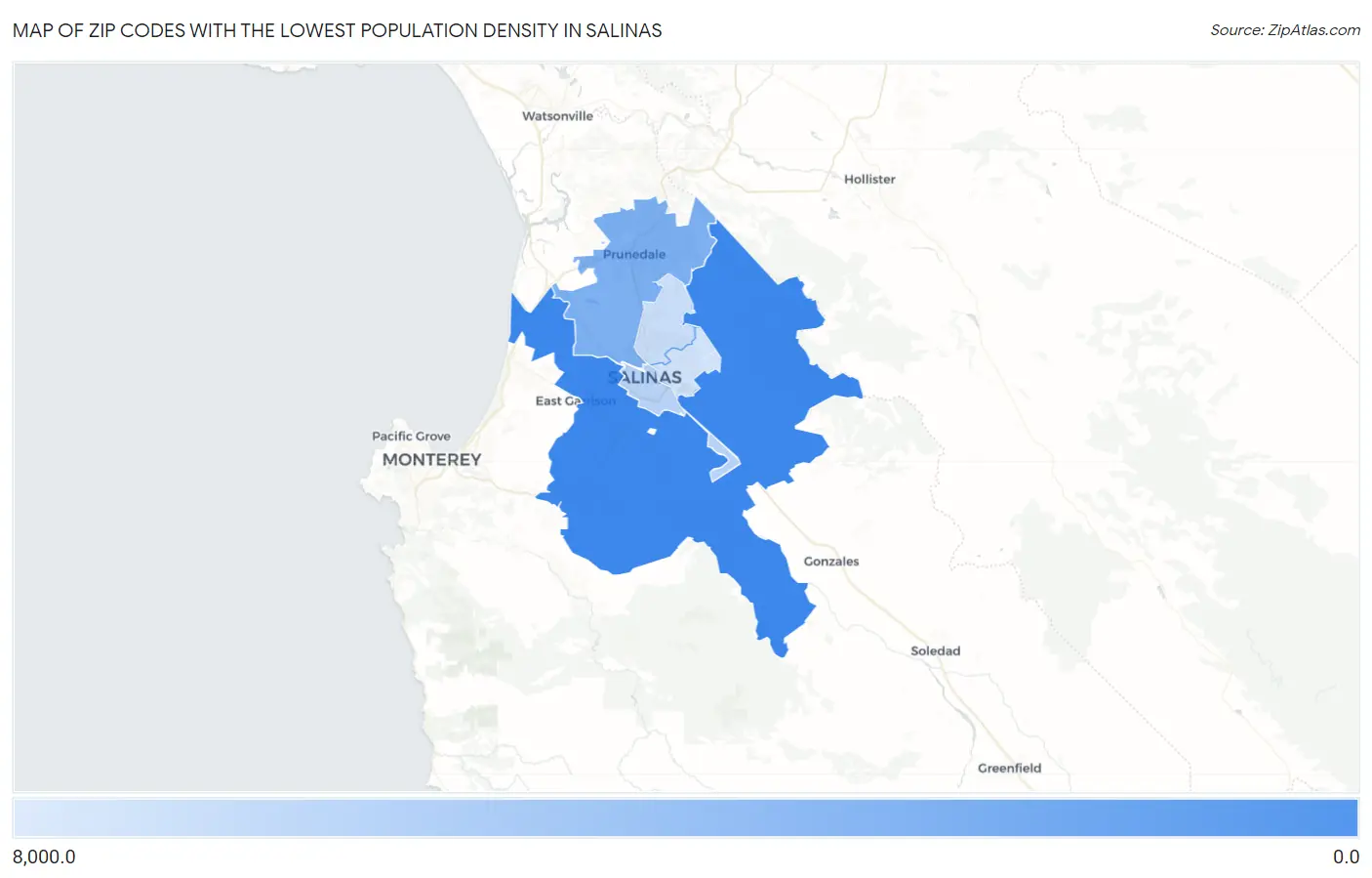 Zip Codes with the Lowest Population Density in Salinas Map