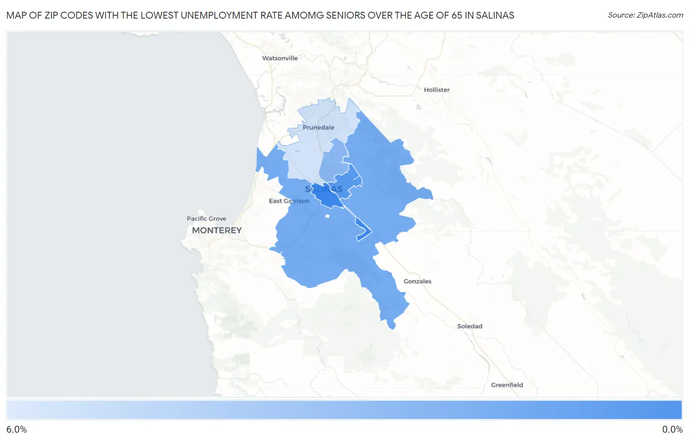 Zip Codes with the Lowest Unemployment Rate Amomg Seniors Over the Age of 65 in Salinas Map