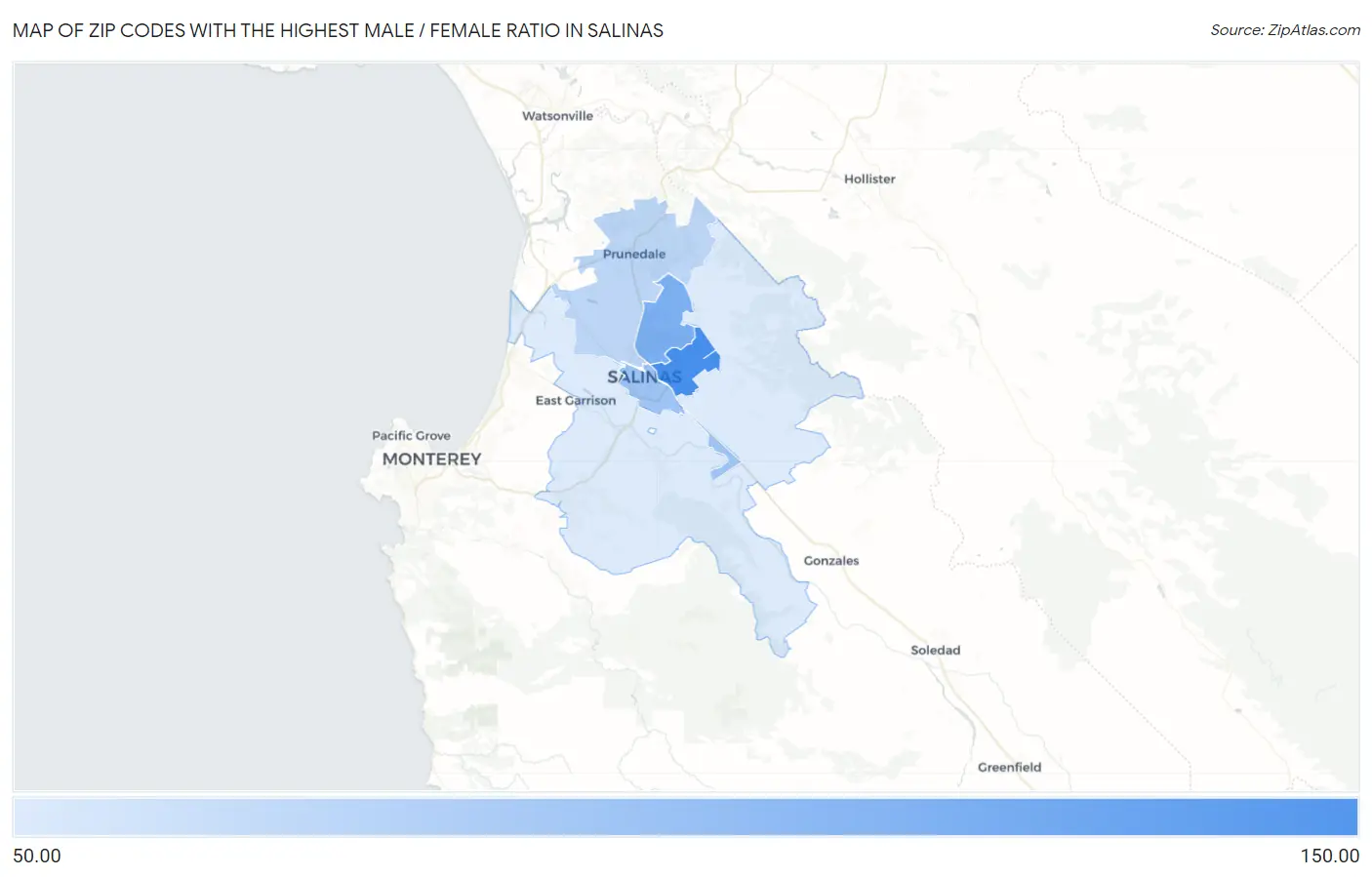 Zip Codes with the Highest Male / Female Ratio in Salinas Map