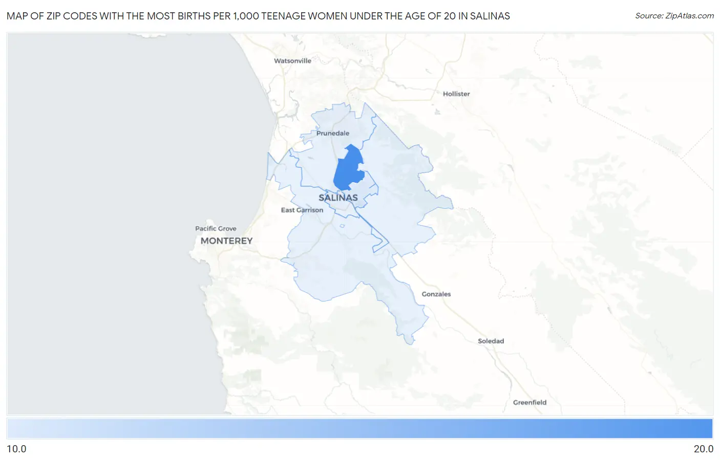 Zip Codes with the Most Births per 1,000 Teenage Women Under the Age of 20 in Salinas Map
