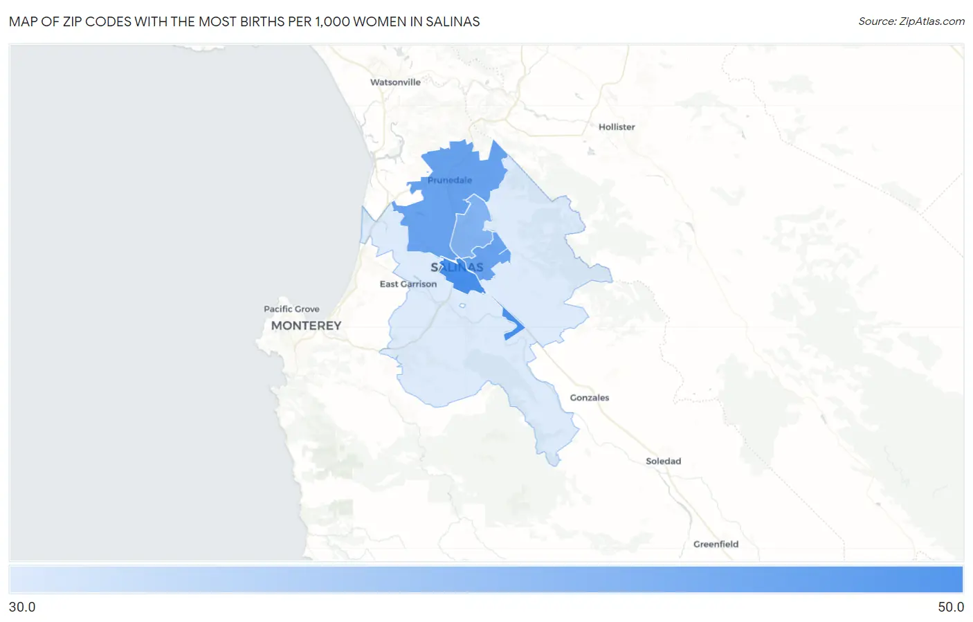 Zip Codes with the Most Births per 1,000 Women in Salinas Map