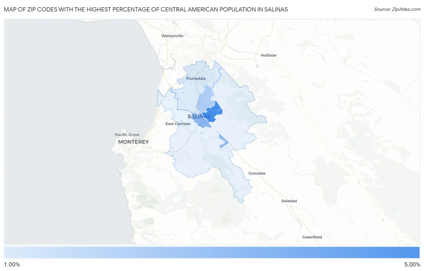Zip Codes with the Highest Percentage of Central American Population in Salinas Map