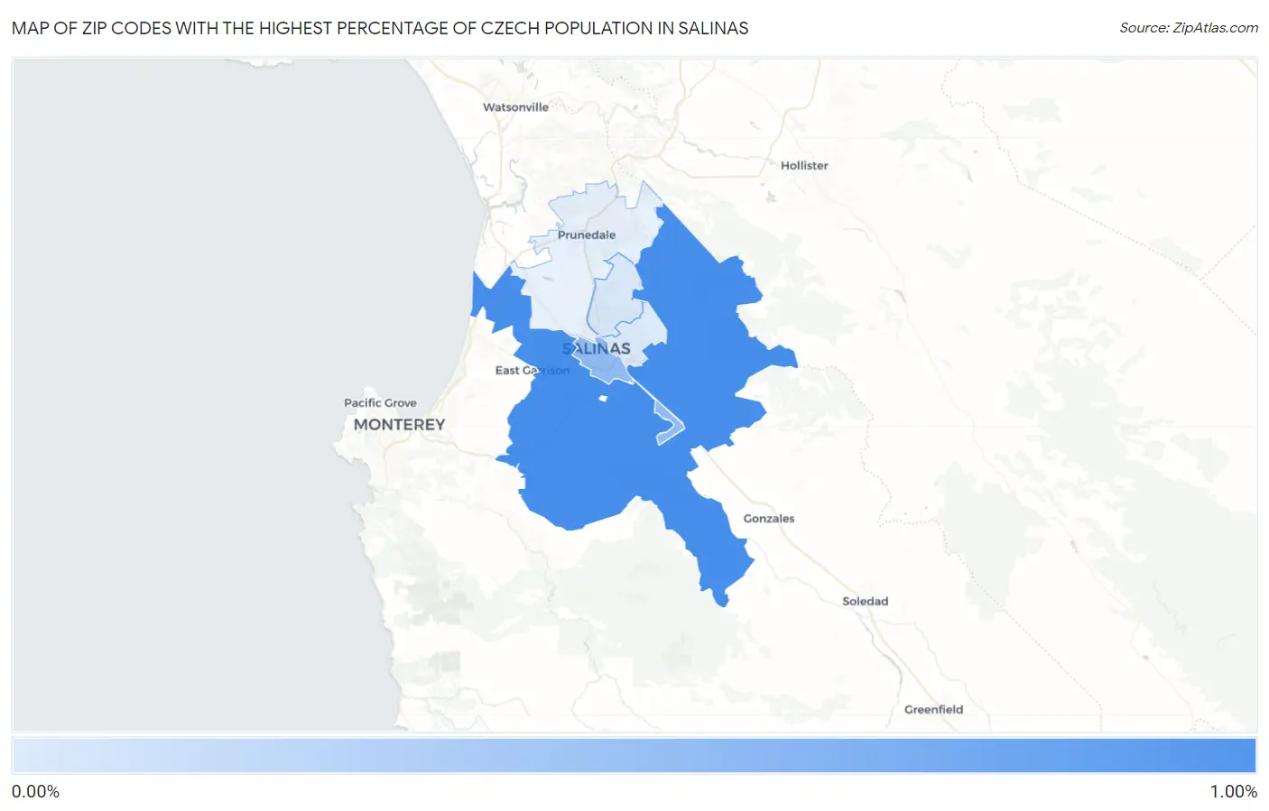 Zip Codes with the Highest Percentage of Czech Population in Salinas Map