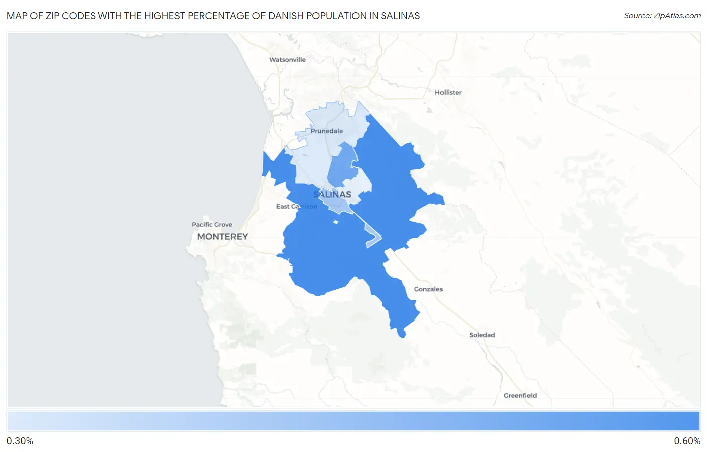 Zip Codes with the Highest Percentage of Danish Population in Salinas Map