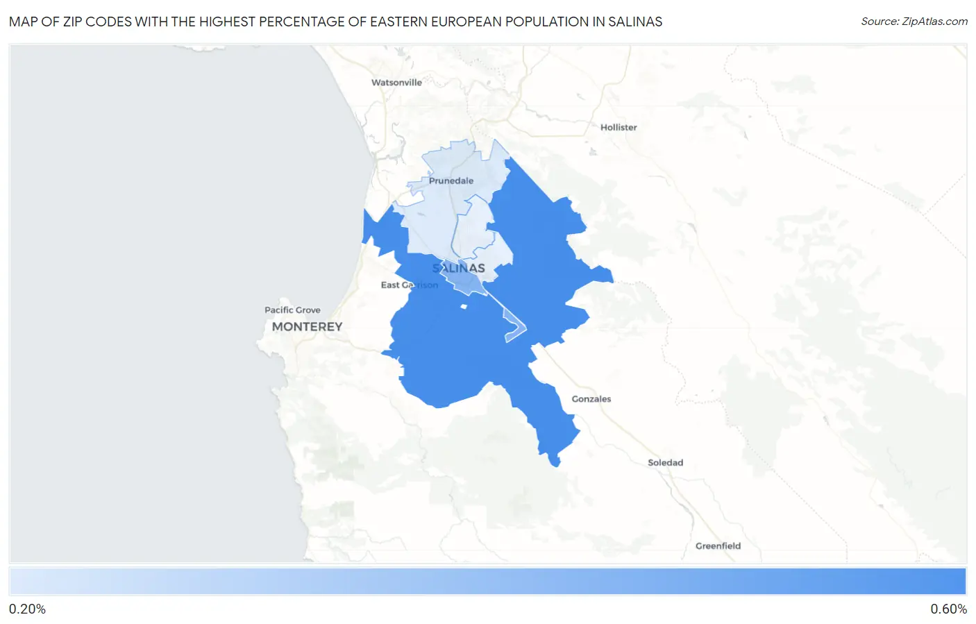 Zip Codes with the Highest Percentage of Eastern European Population in Salinas Map