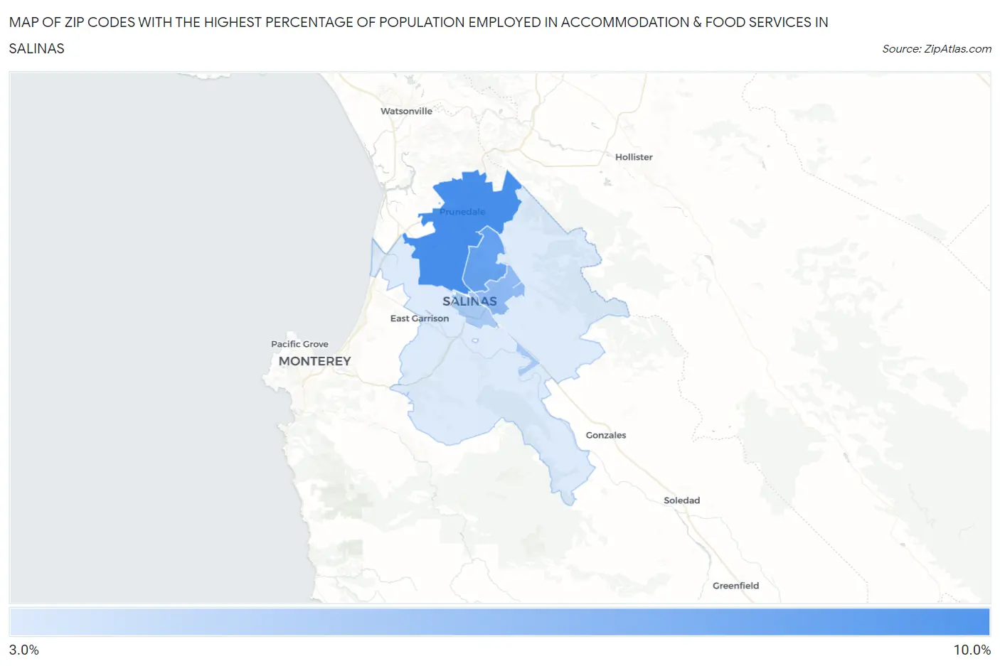 Zip Codes with the Highest Percentage of Population Employed in Accommodation & Food Services in Salinas Map