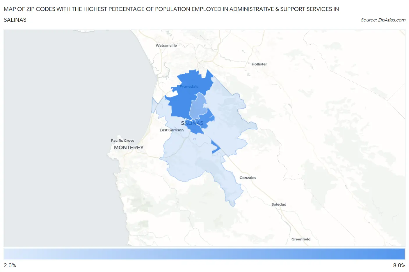 Zip Codes with the Highest Percentage of Population Employed in Administrative & Support Services in Salinas Map
