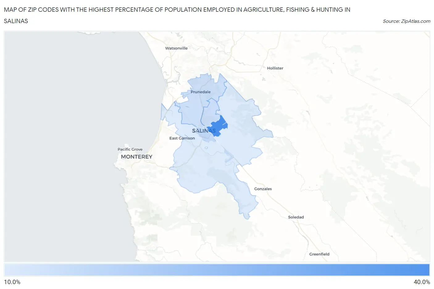 Zip Codes with the Highest Percentage of Population Employed in Agriculture, Fishing & Hunting in Salinas Map