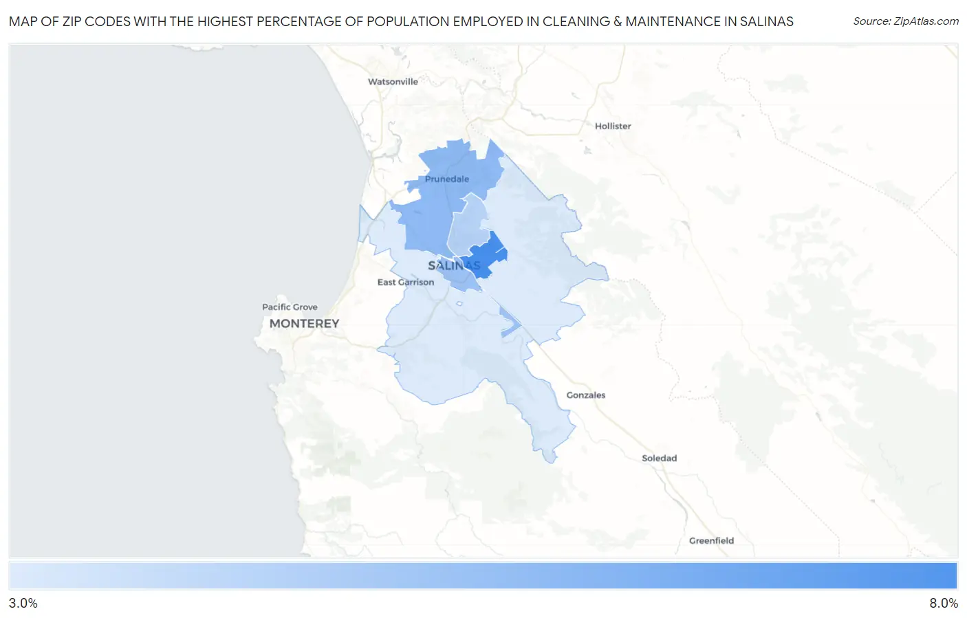 Zip Codes with the Highest Percentage of Population Employed in Cleaning & Maintenance in Salinas Map