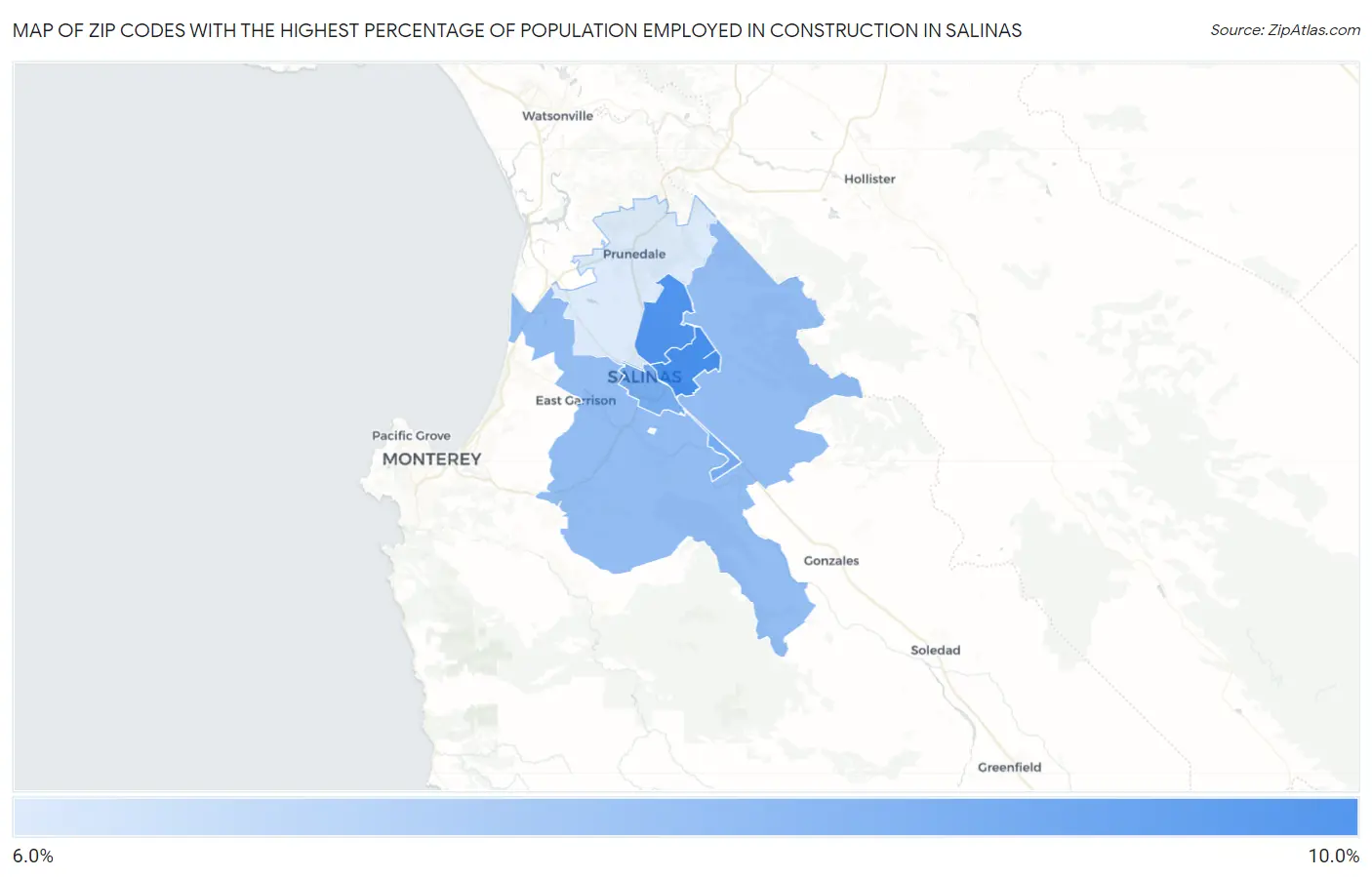 Zip Codes with the Highest Percentage of Population Employed in Construction in Salinas Map