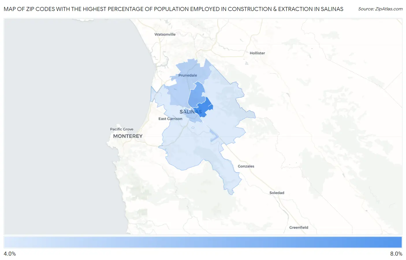 Zip Codes with the Highest Percentage of Population Employed in Construction & Extraction in Salinas Map