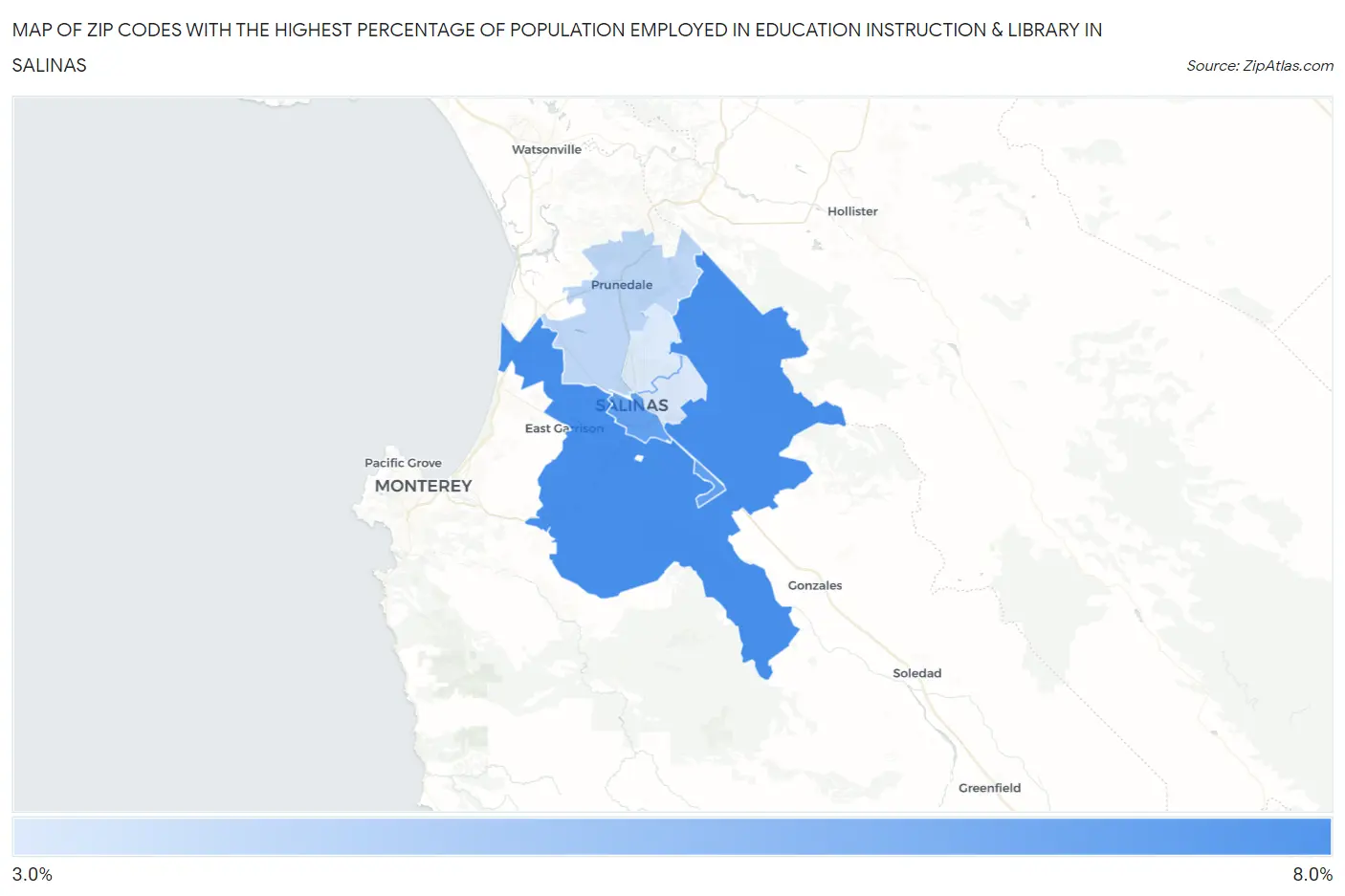 Zip Codes with the Highest Percentage of Population Employed in Education Instruction & Library in Salinas Map