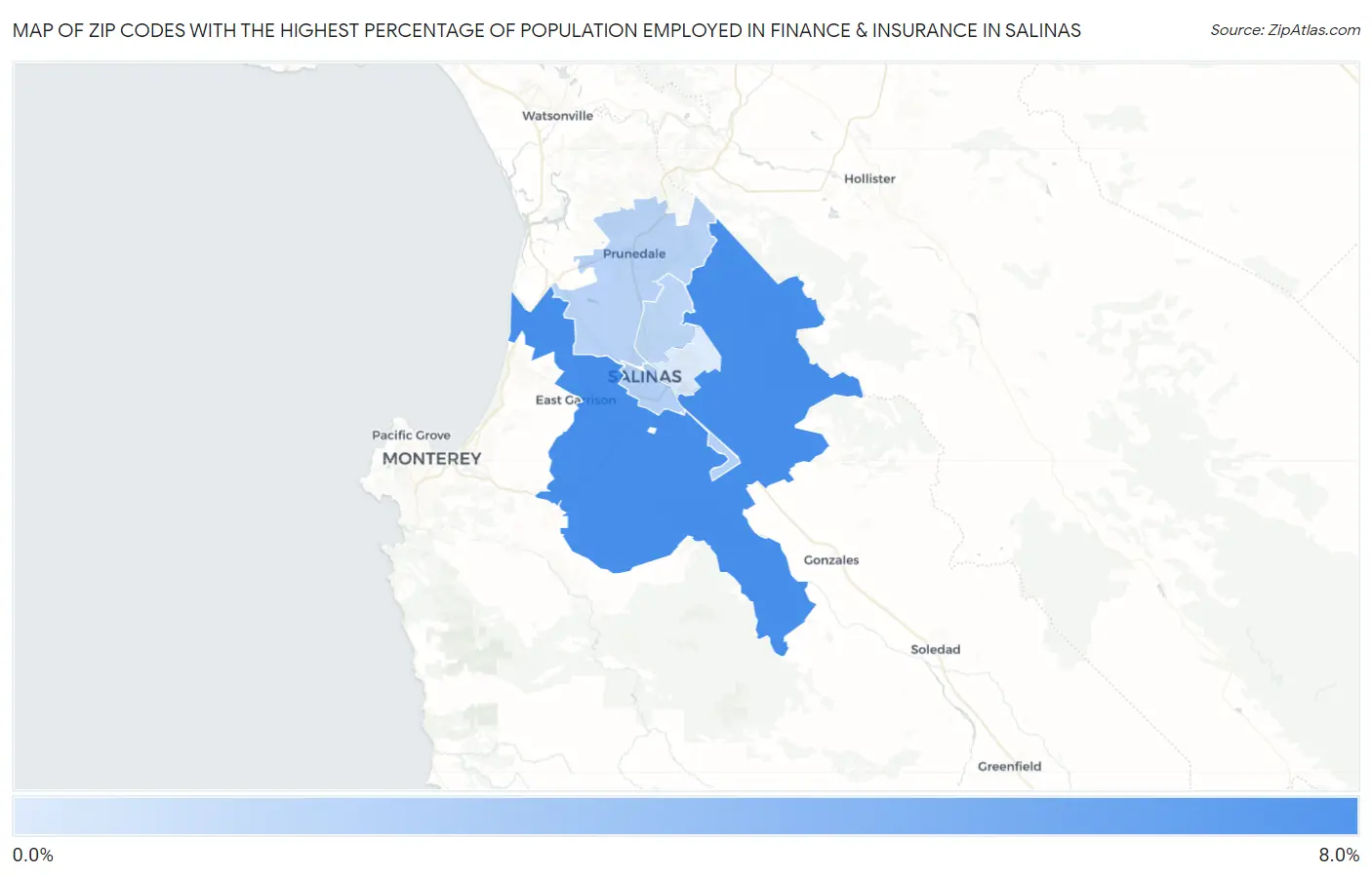 Zip Codes with the Highest Percentage of Population Employed in Finance & Insurance in Salinas Map