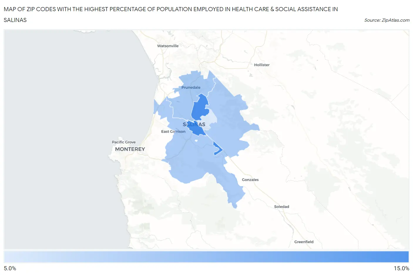 Zip Codes with the Highest Percentage of Population Employed in Health Care & Social Assistance in Salinas Map