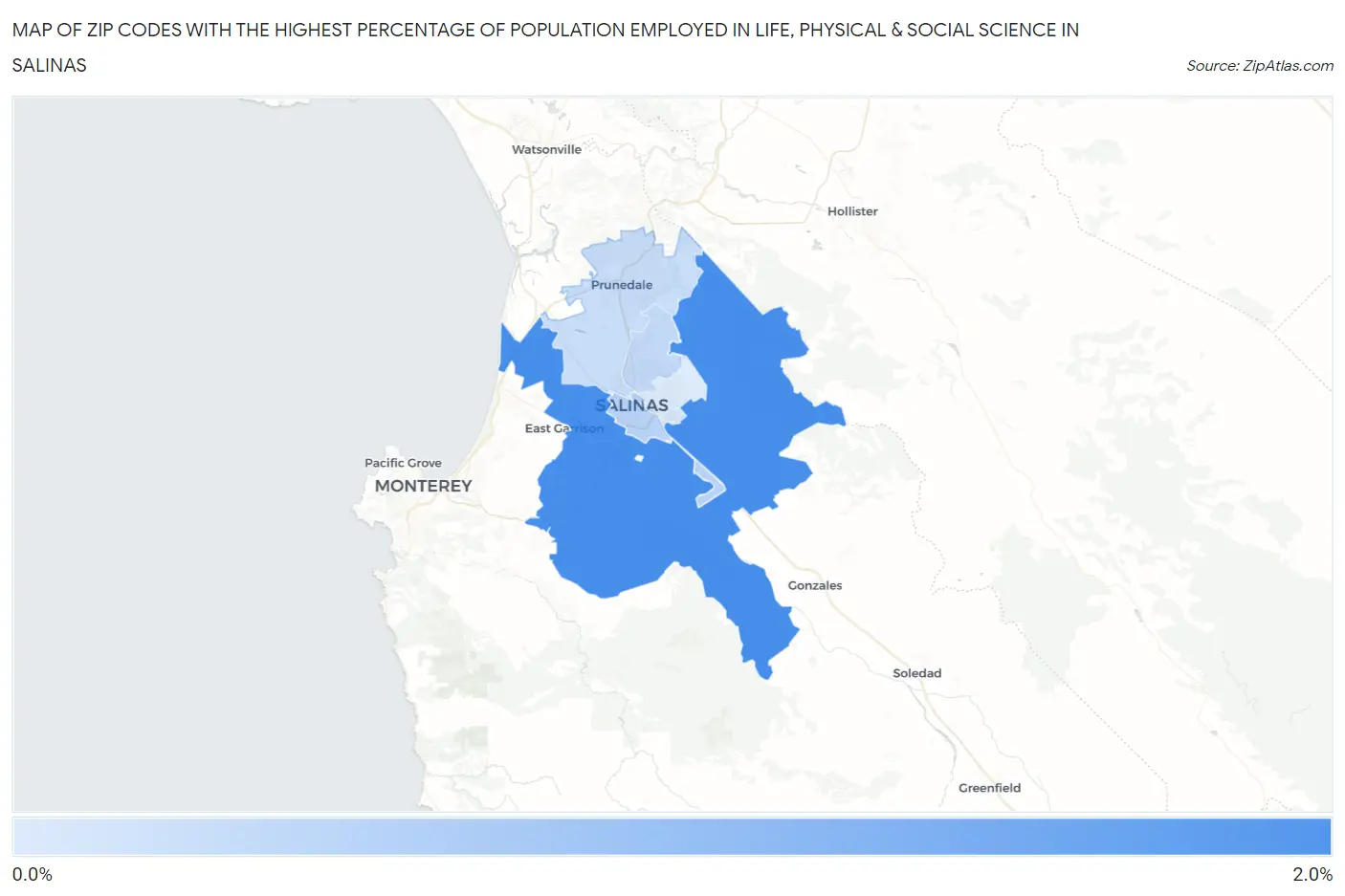 Zip Codes with the Highest Percentage of Population Employed in Life, Physical & Social Science in Salinas Map