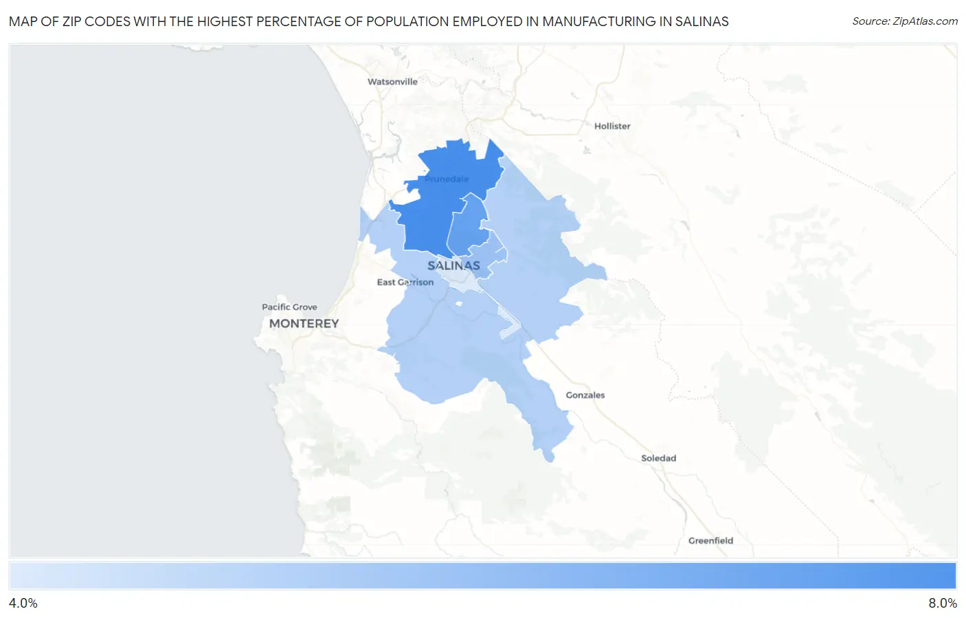 Zip Codes with the Highest Percentage of Population Employed in Manufacturing in Salinas Map